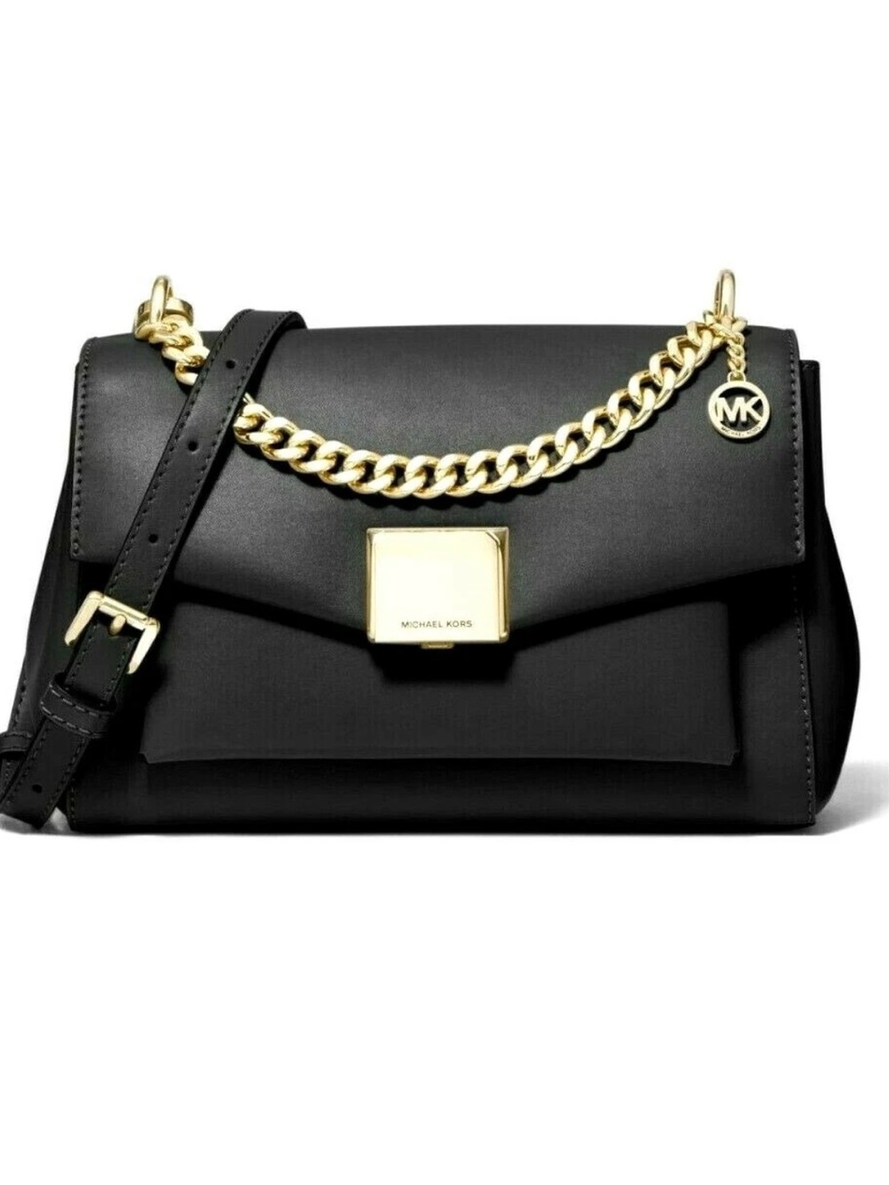 Michael Kors Lita Black Leather Shoulder Bag with Gold Chain